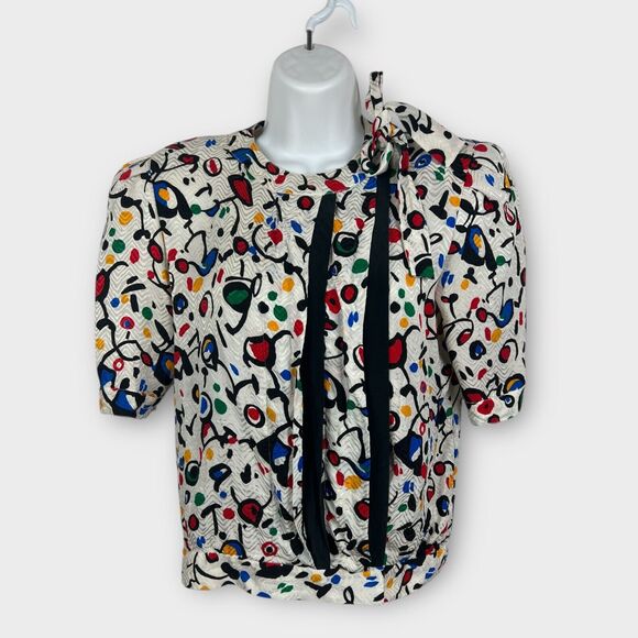80s Albert Nipon White Colorful Abstract Puff Sleeve Secretary Silk Blouse Small - Picture 1 of 9